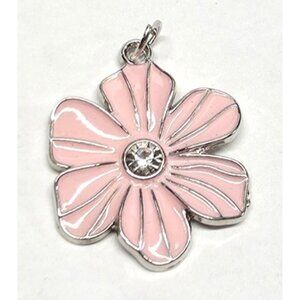 New Pink & Silver Flower Pendant Charm Rhinestone Enamel Floral Jewelry 1.5"